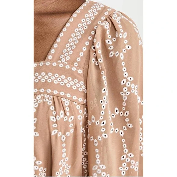 Shoshanna Torres Embroidered Square Neck‎ Tiered Midi Dress Camel Optic  Size 8